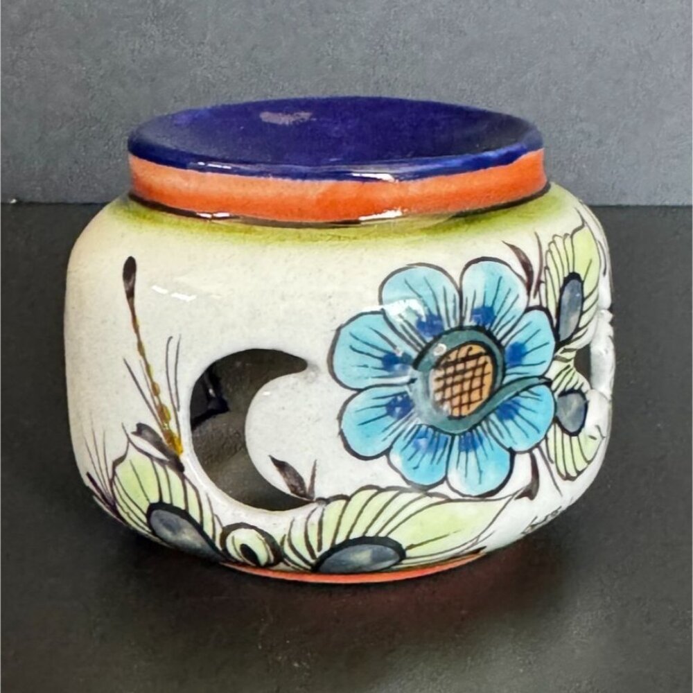 Hand-Painted Ceramic Tea Light Holder With Hummingbird & Floral Design
